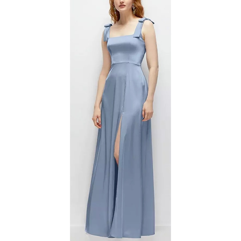 NWT After Six Square Neck Satin Maxi Dress Bow Straps Cloudy Blue, Sz L